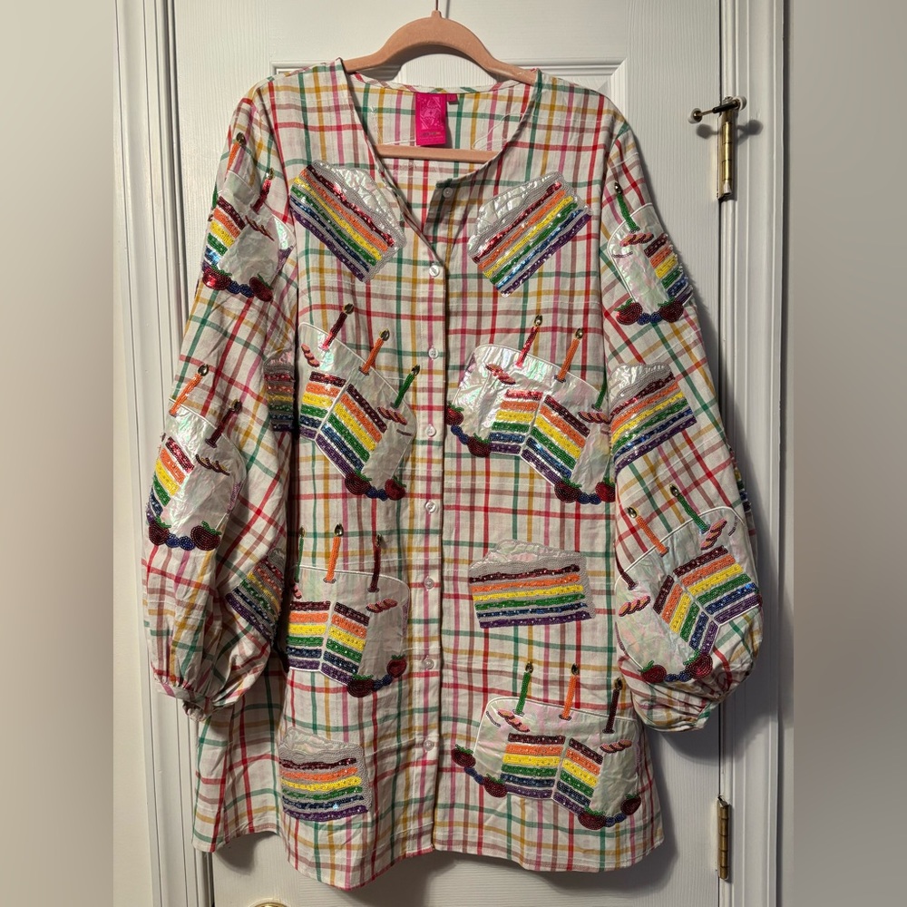 BNWOT Queen of Sparkles Rainbow Cake Plaid Patterned Button-Up Dress Size L